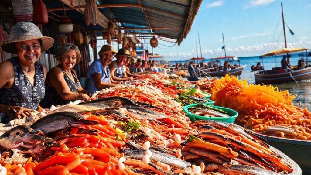 Un mercado de mariscos vibrante y soleado