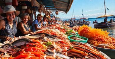 Un mercado de mariscos vibrante y soleado