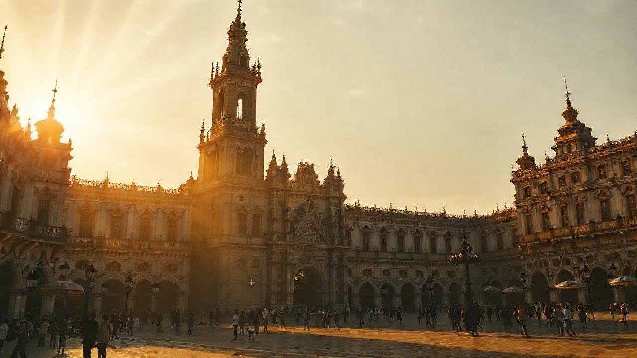 Torre dorada, plaza española, atmósfera surrealista