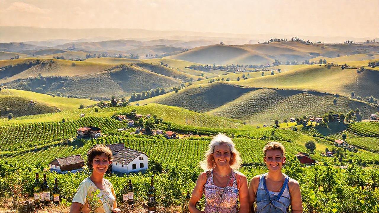 Vino, paisaje y gente feliz