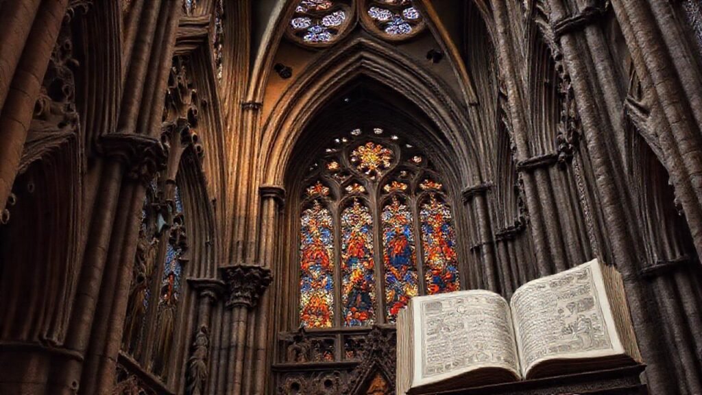 Una catedral gótica detallada y dramática