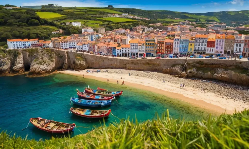 Guía de viaje gallega con paisajes y barcos