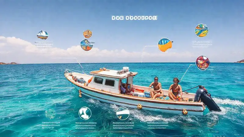 Barco costero en aguas azules soleadas