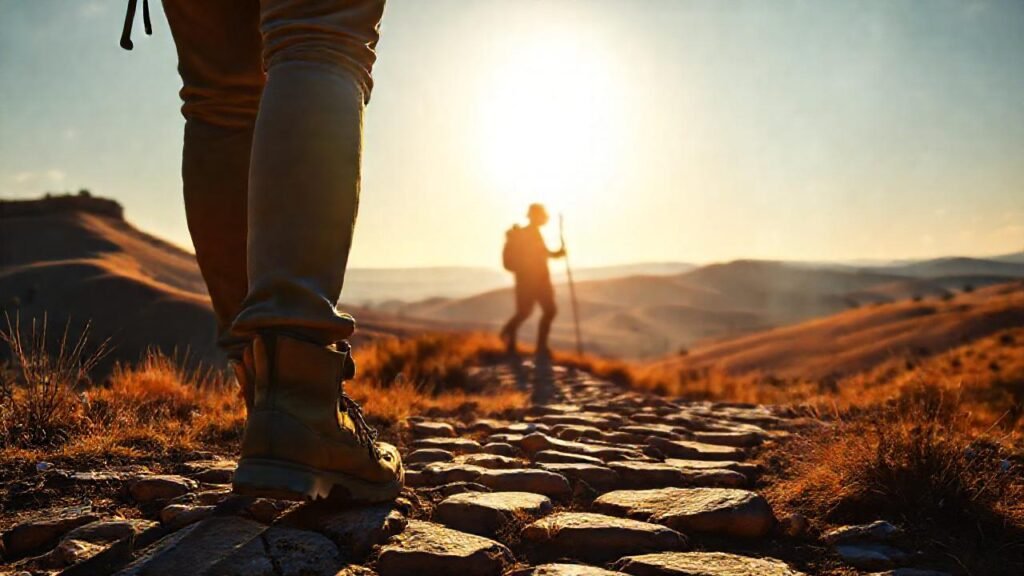 Peregrino camina por paisajes españoles antiguos