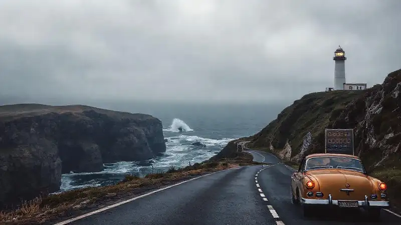 Un coche antiguo recorre costa agreste