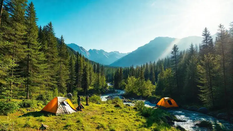 Campes acampan en bosque sereno