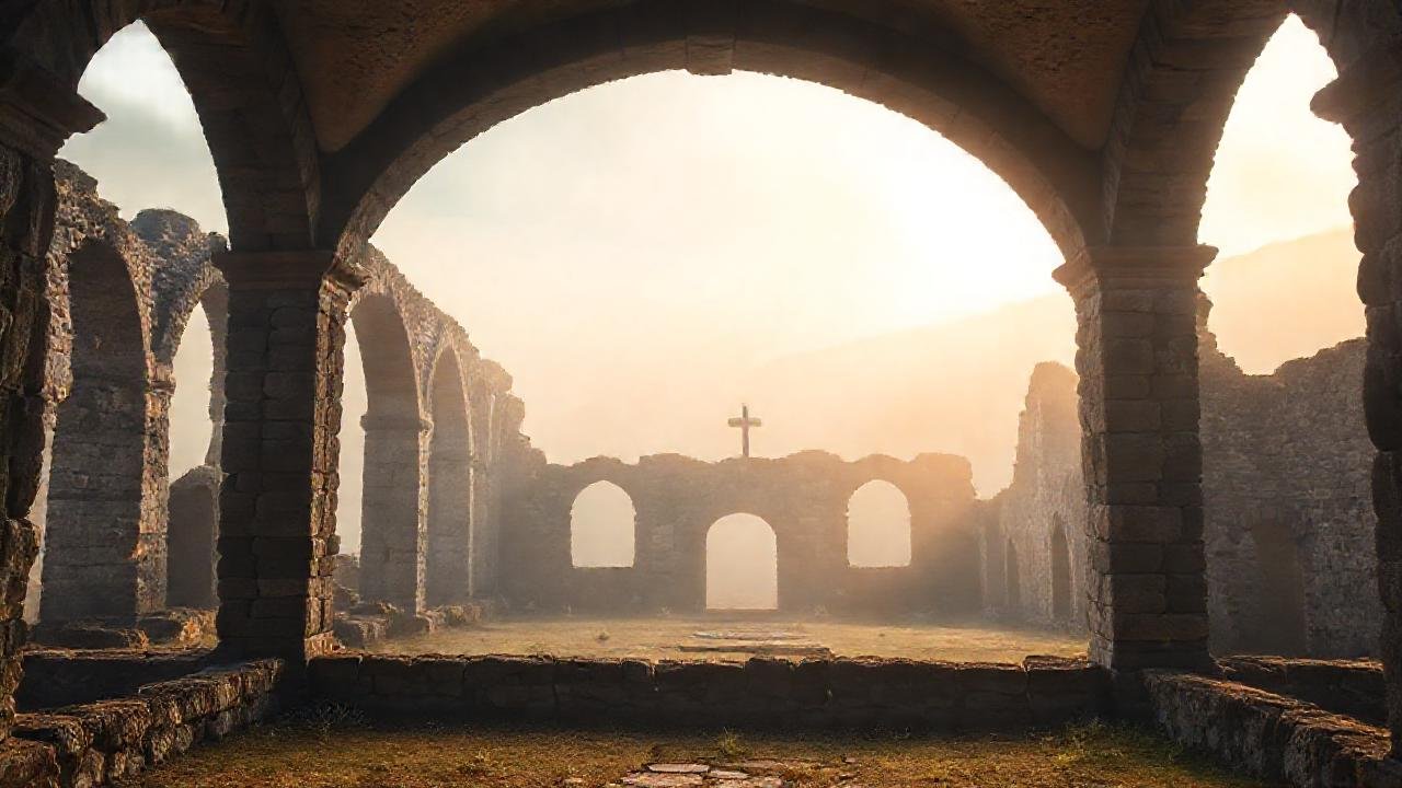 Ruinas monásticas antiguas, misteriosas y doradas