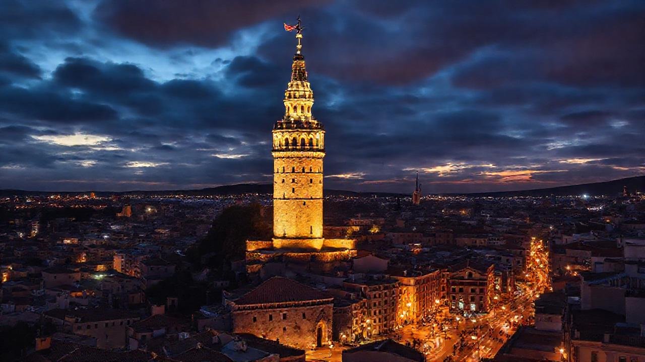 La torre resplandece sobre la ciudad