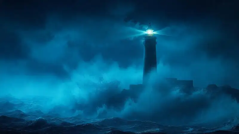 Un faro solitario domina el mar sombrío