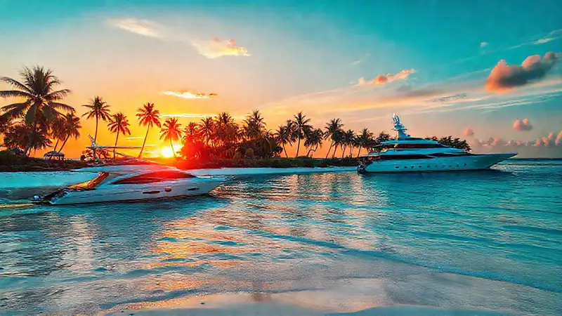 Un yate lujoso refleja un atardecer tropical