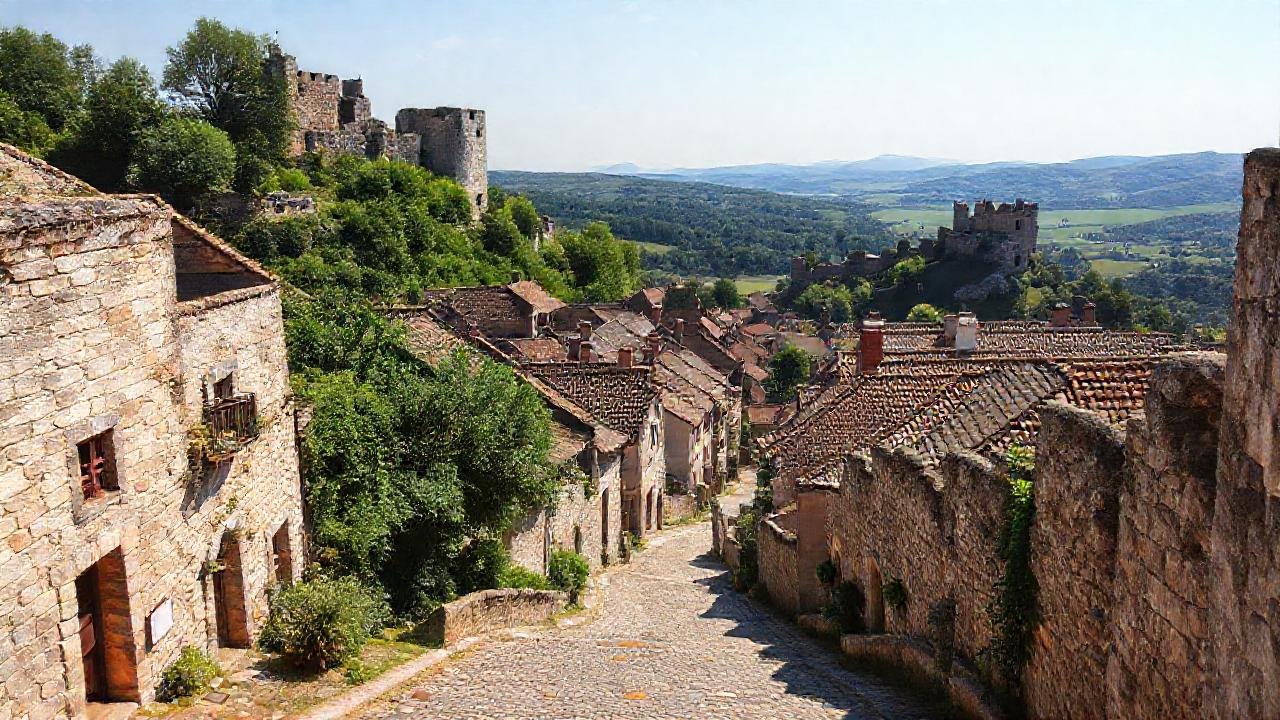 Un pueblo medieval soleado y pintoresco