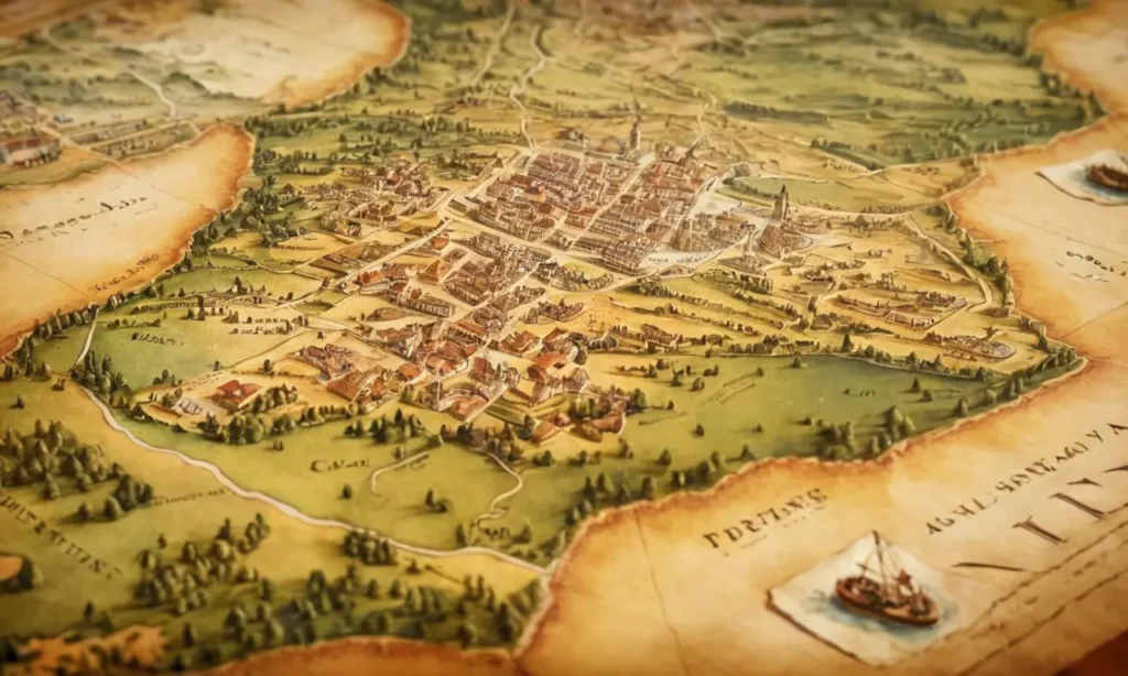 Mapa antiguo con ilustraciones detalladas y paisajes portugueses