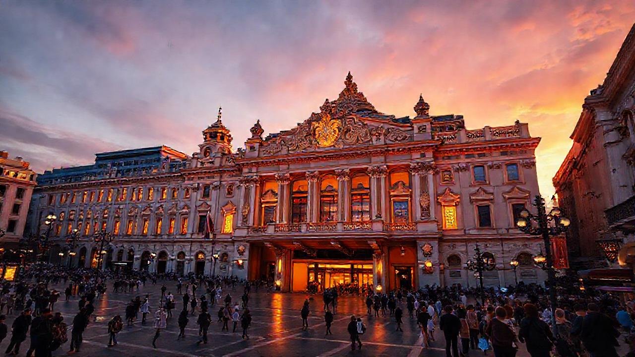 Un opulento teatro brilla al anochecer