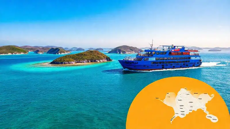 Ferry azul muestra islas turquesas