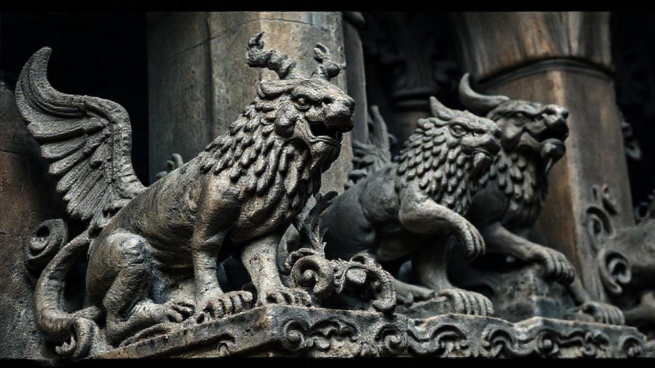 Escultura gótica, piedra oscura y detallada