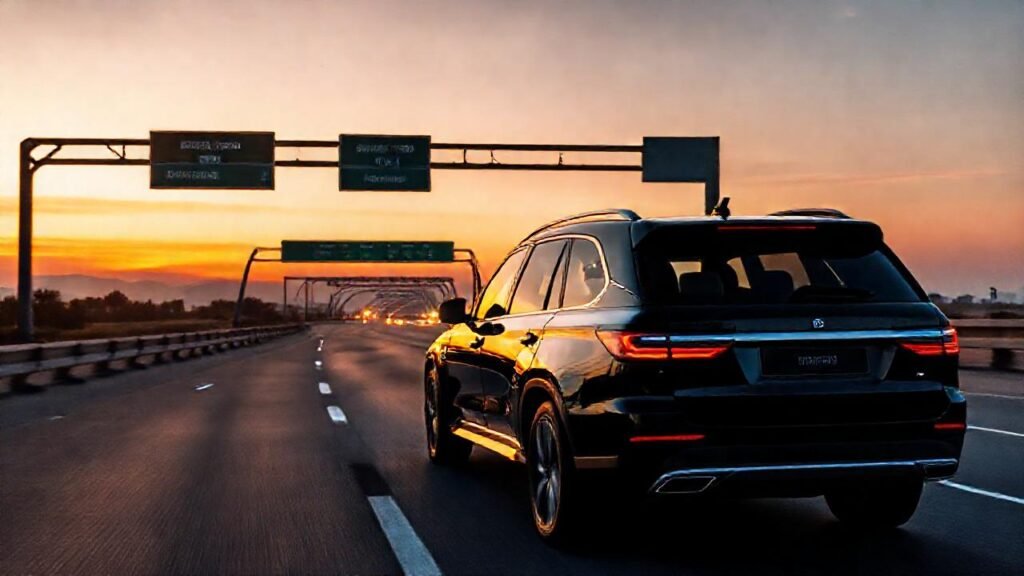 Un SUV negro elegante viaja esperanzador