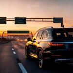 Un SUV negro elegante viaja esperanzador