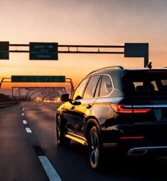 Un SUV negro elegante viaja esperanzador