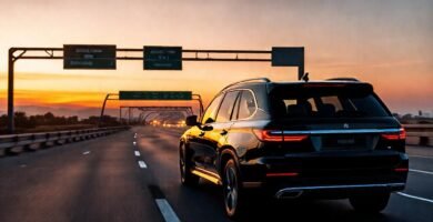 Un SUV negro elegante viaja esperanzador