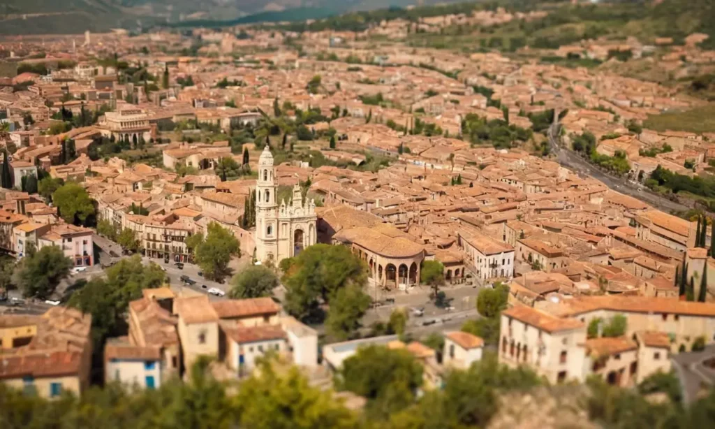 Papel tapiz evocador de Valle-Inclán con ilustraciones literarias de una ciudad española antigua