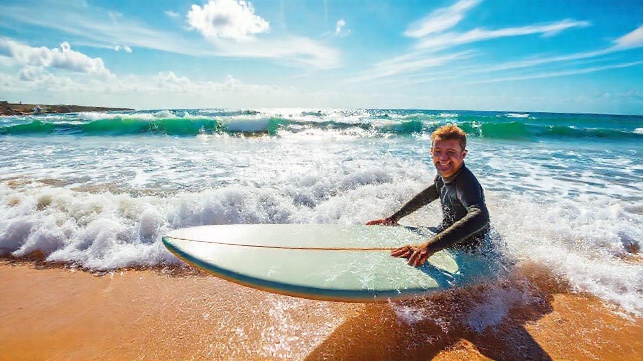 Surfista feliz en la costa de A Coruña