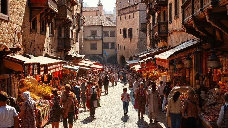 Mercado medieval vibrante y bullicioso