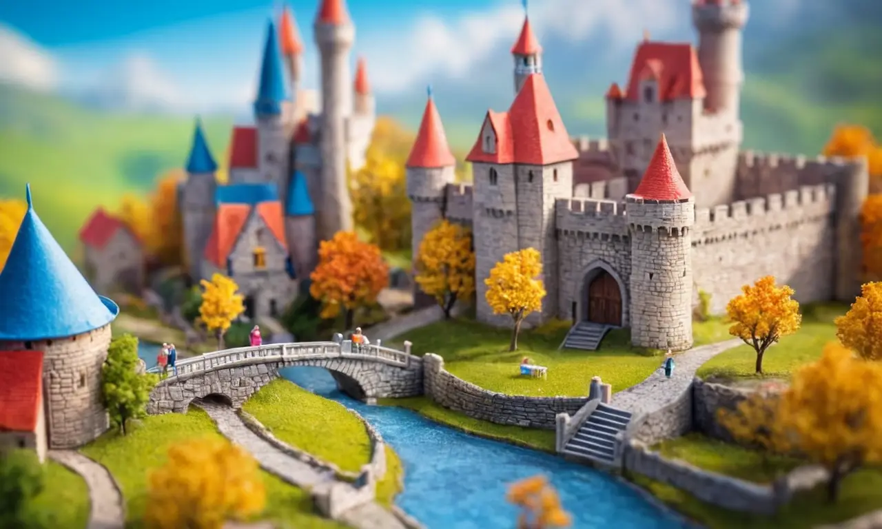 Ilustración de viaje familiar con escenas de castillo y colores vivos