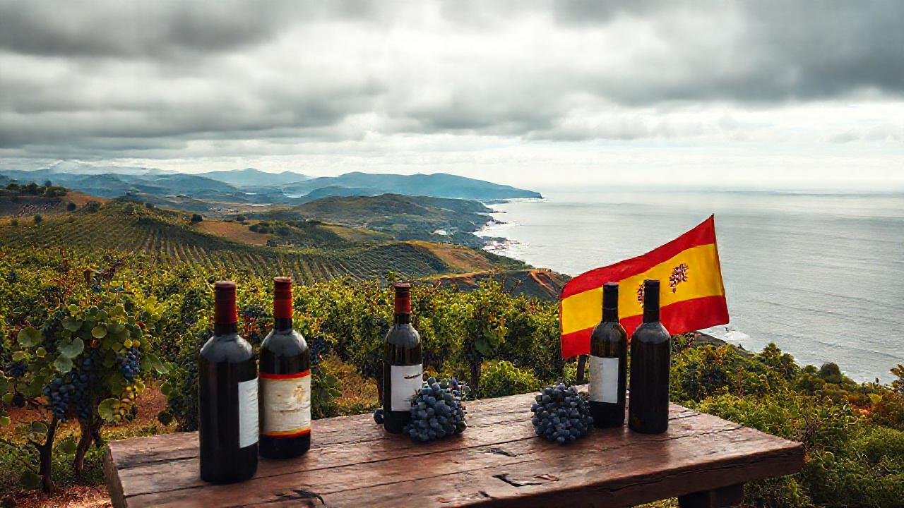 Viñedo costero, sol y vino español