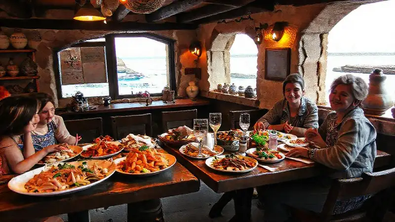 Taberna gallega rústica ofrece pescado y vistas