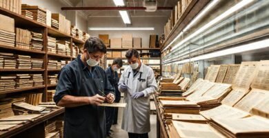 Restauradores cuidan documentos históricos con detalle