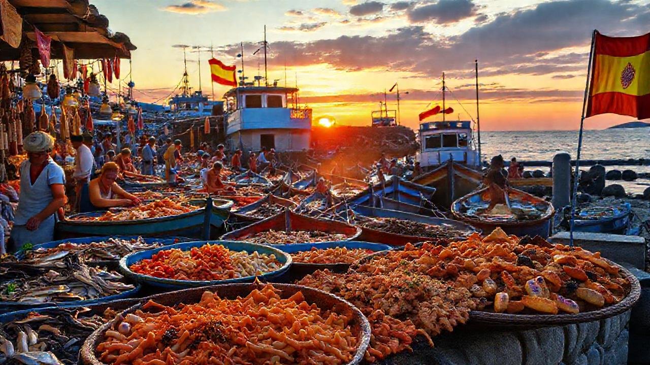 Mercado de mariscos español, soleado y vibrante