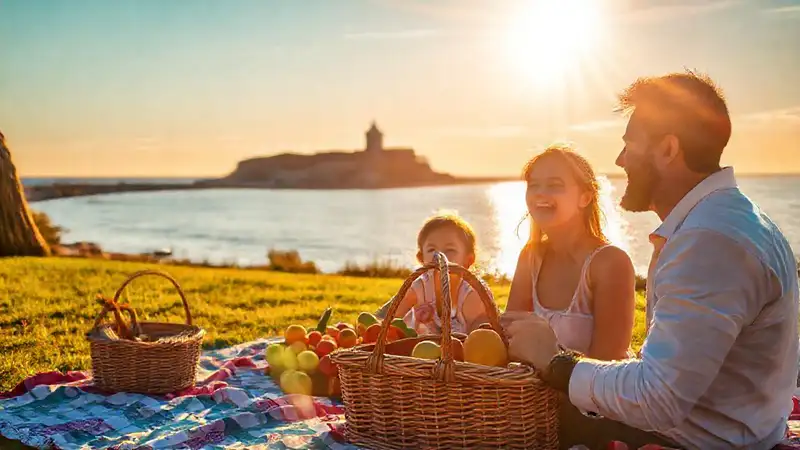 Familia feliz disfruta de un picnic costero