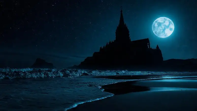 Una catedral oscura refleja la luna
