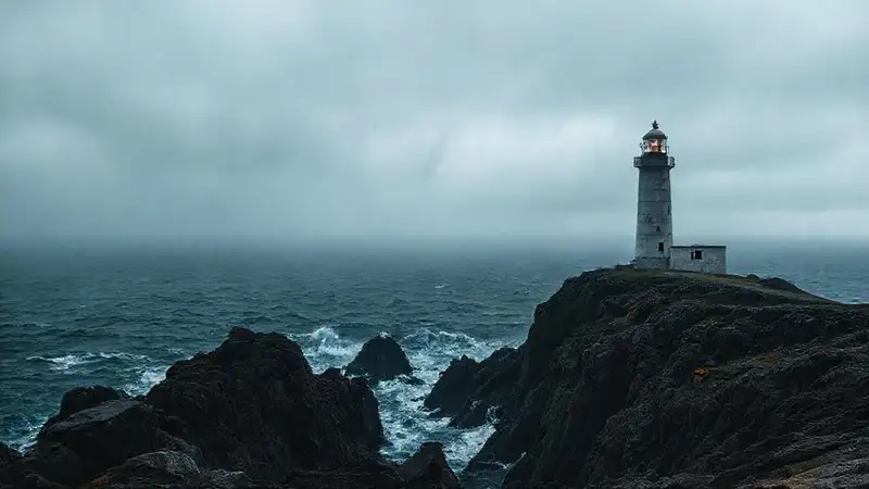 Un faro en costa tormentosa y misteriosa