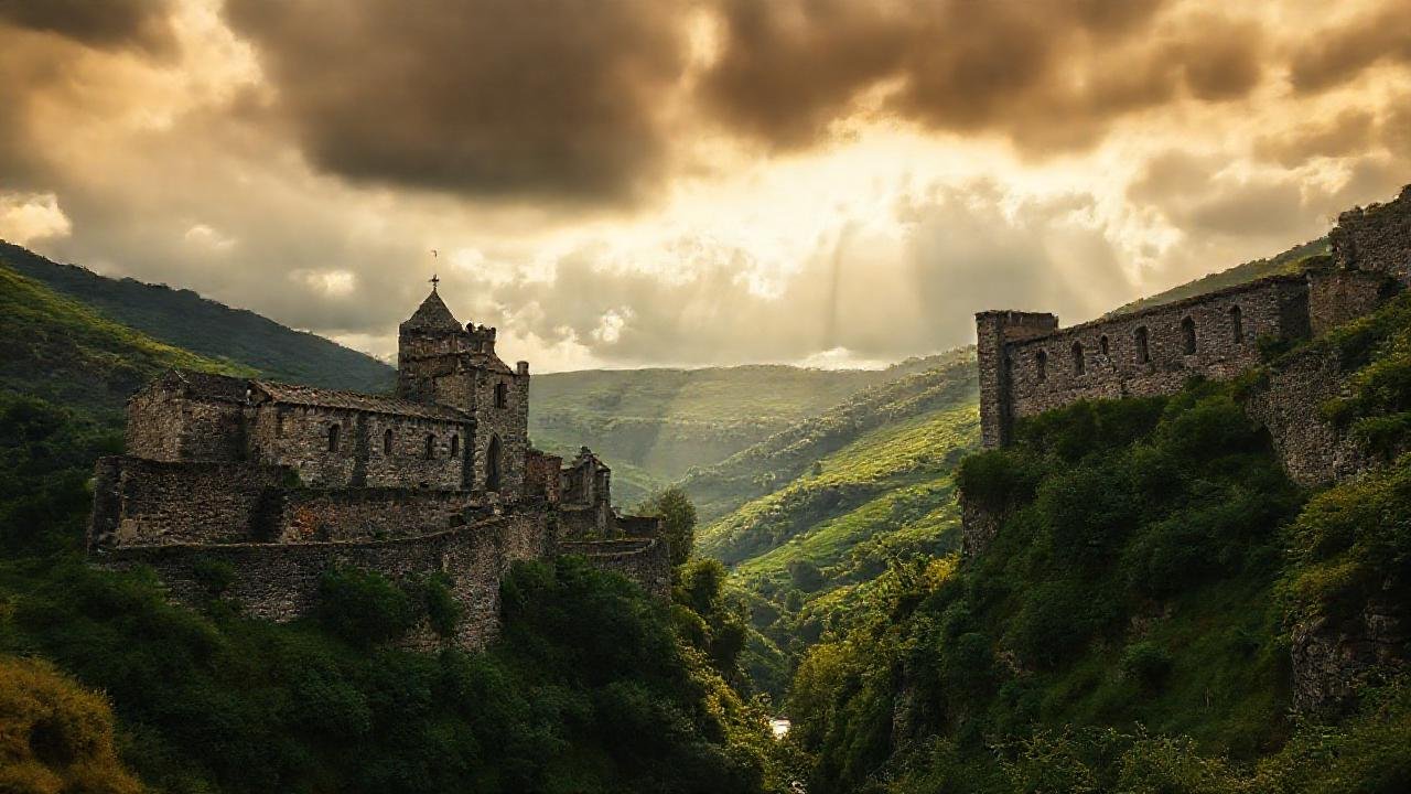 Monasterio medieval, valle verde, luz dramática