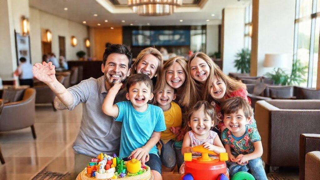 Una familia feliz disfruta de un hotel cálido