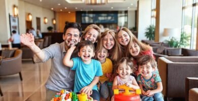 Una familia feliz disfruta de un hotel cálido