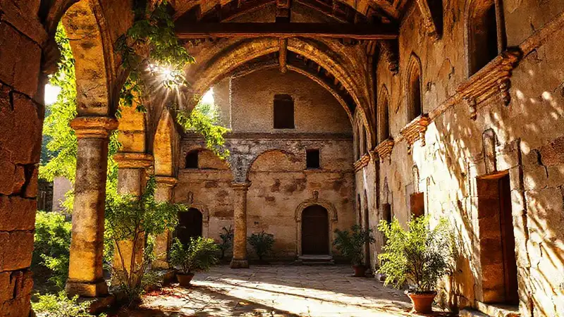Claustro histórico, luz dorada y paz