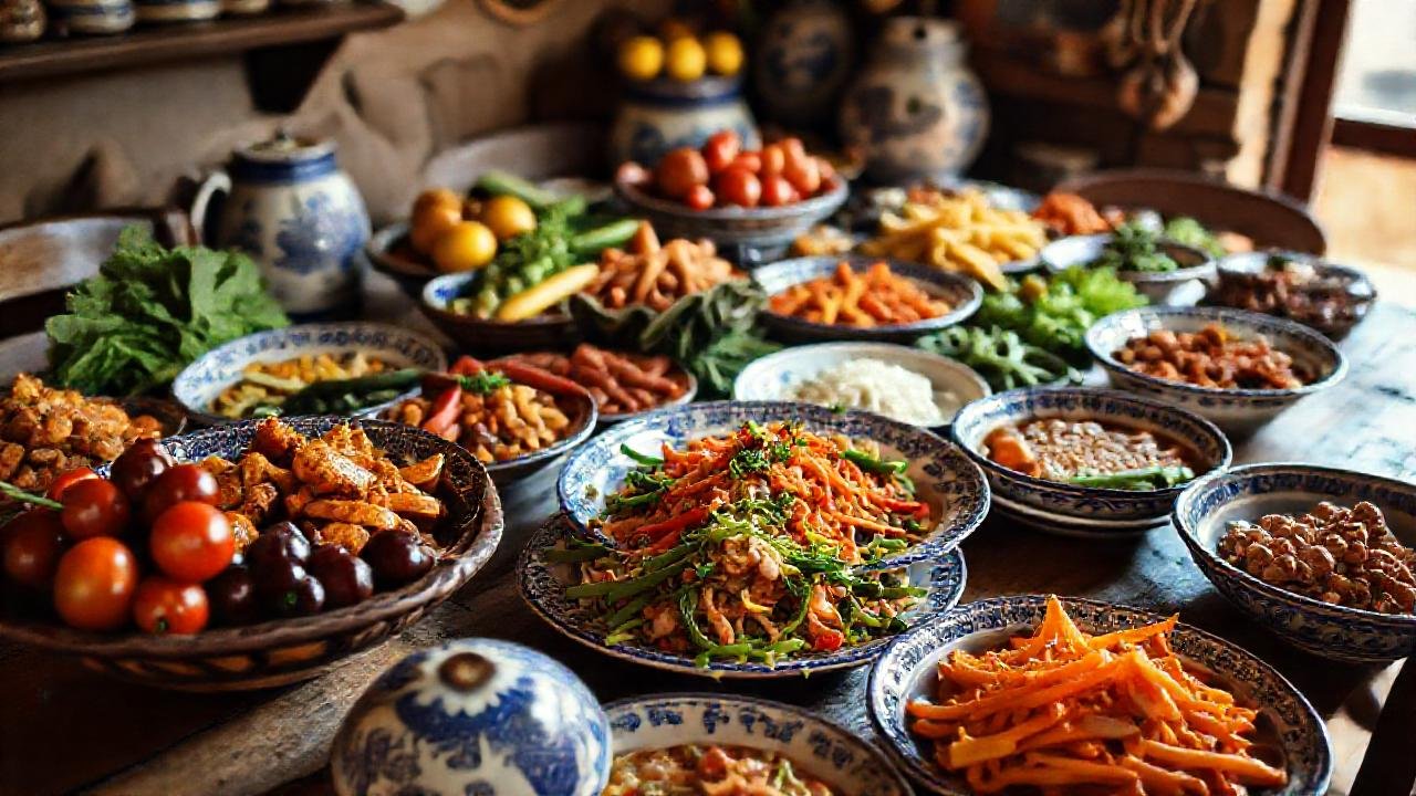 Una mesa rústica con comida abundante