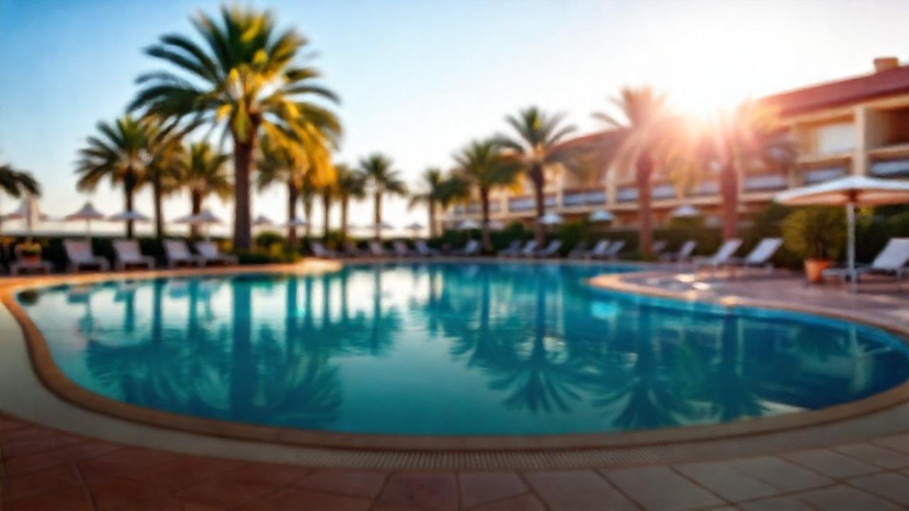 Piscina de hotel, sol, y belleza