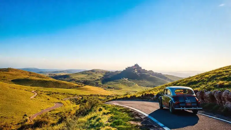 Un coche vintage recorre un paisaje pintoresco