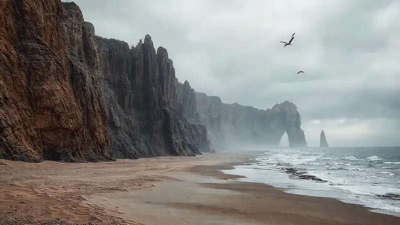 Roca erosionada y costa sombría amenazante