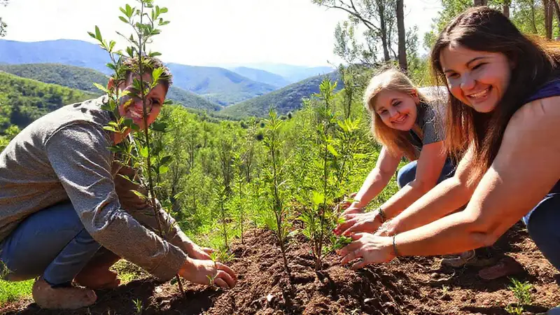 Voluntarios plantan árboles en bosque feliz