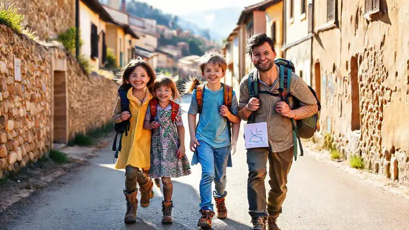 Familia camina alegremente por el Camino