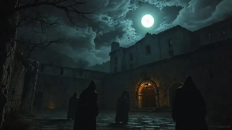 Un monasterio oscuro y misterioso por la noche