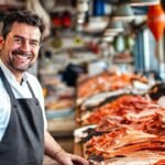 Chef sonríe en el mercado de mariscos
