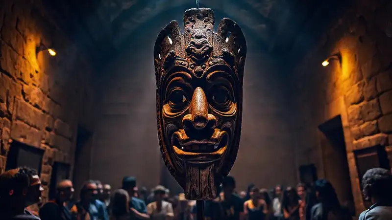 Máscara antigua ilumina un museo oscuro