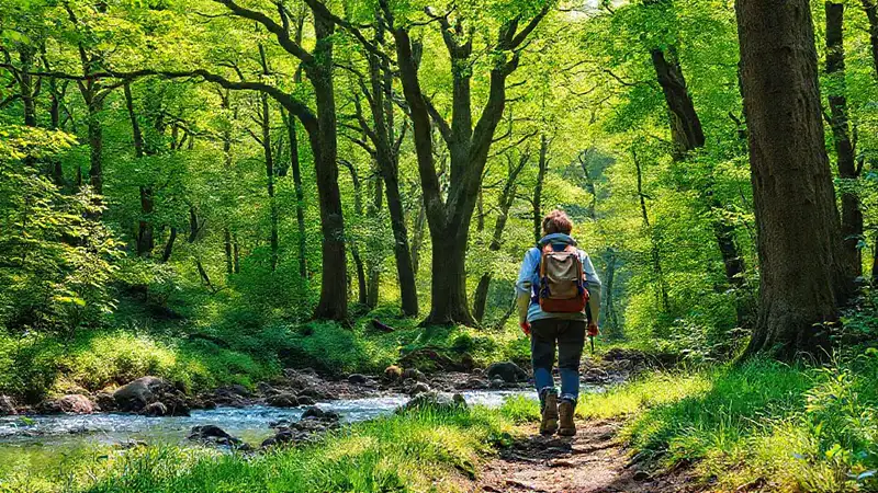 Un turista explora un bosque sereno