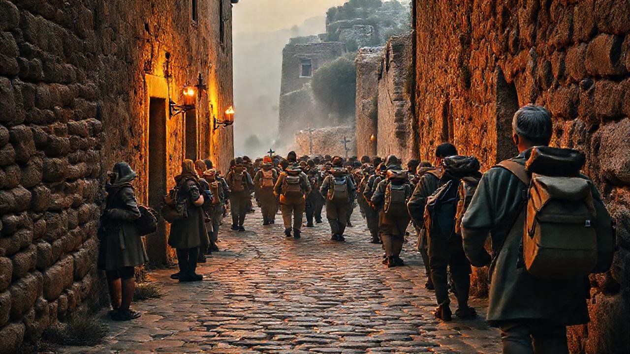Peregrinos avanzan por un camino antiguo
