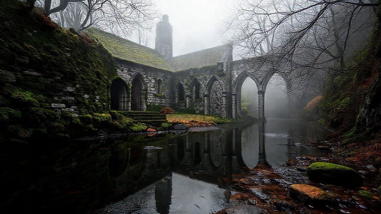 Iglesia antigua refleja un paisaje sereno